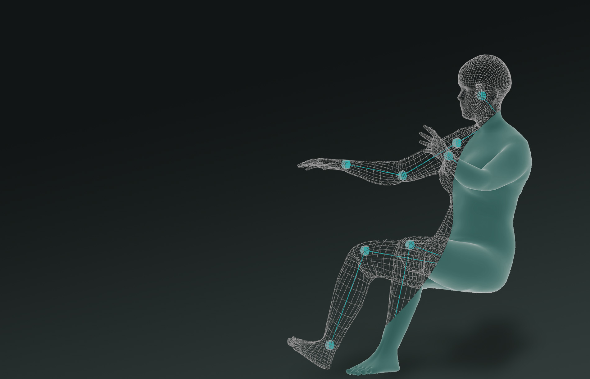 Seated HumanShape model with surface geometry, a wireframe mesh, and anatomical landmarks.